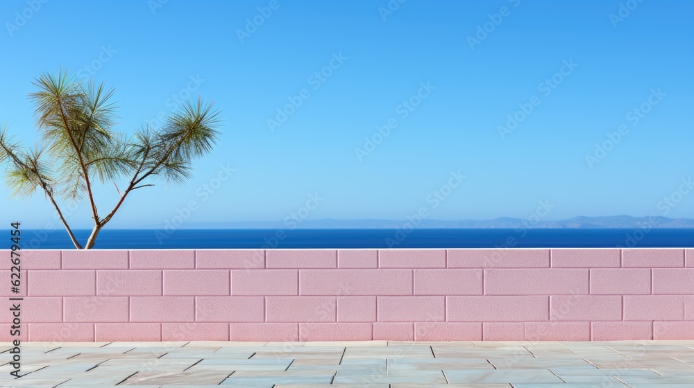 Poster a pink wall with two palm trees in front of the ocean. generative ai image.