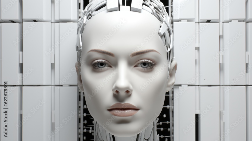 Poster a white mannequin head with a chain around it. generative ai image.
