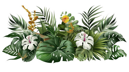 Tropical foliage plant bush (Monstera, palm leaves, and Bird's nest fern) floral arrangement indoors garden nature backdrop