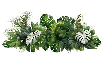 Tropical leaves foliage plant jungle bush floral arrangement nature backdrop with Monstera and tropic plants palm leaves isolated on white background, clipping path included