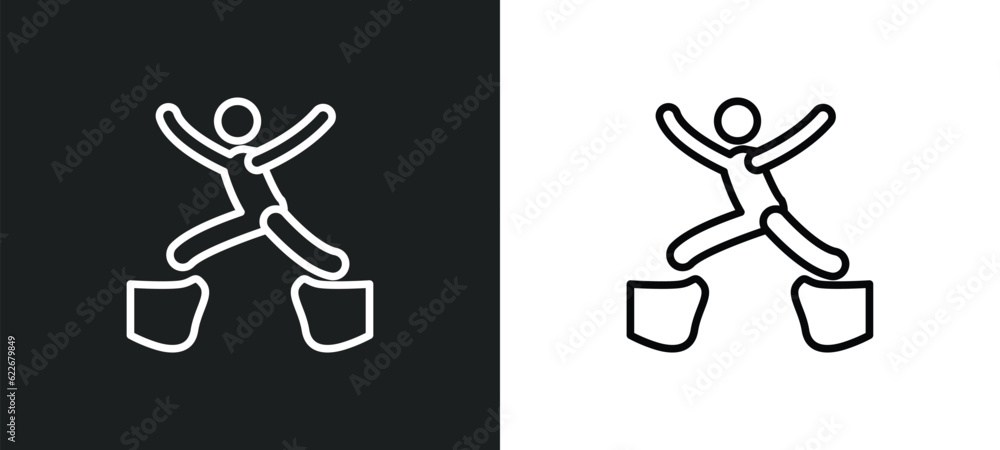 Poster man jumping with opened legs outline icon in white and black colors. man jumping with opened legs fl