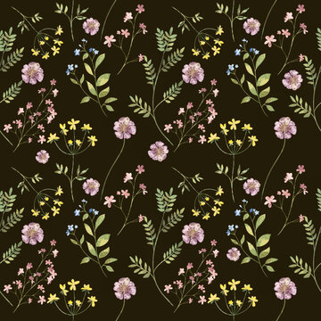 Trendy seamless floral textile print midnight flowers. Plants drawn against a dark background, intertwined with each other. Autumn winter floral fabric background, vector, Aerial flora pattern © Arylanna