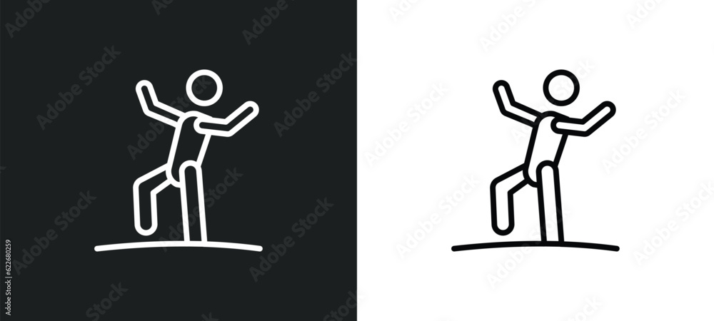 Poster man balancing outline icon in white and black colors. man balancing flat vector icon from sports col
