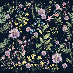 Trendy seamless floral textile print midnight flowers. Plants drawn against a dark background, intertwined with each other. Autumn winter floral fabric background, vector,  Aerial flora pattern