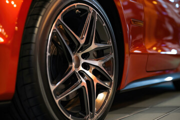 Fototapeta premium Sleek and Shiny: Sport Car Wheel Close-Up. Generative AI