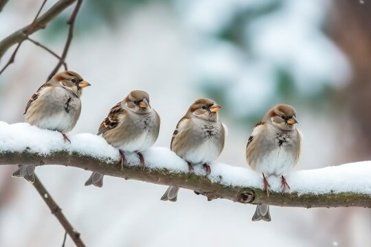 Cute little sparrows sitting on a branch in winter. Winter background, animal theme