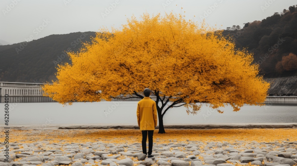 Aufkleber a person standing in front of a yellow tree. generative ai image.