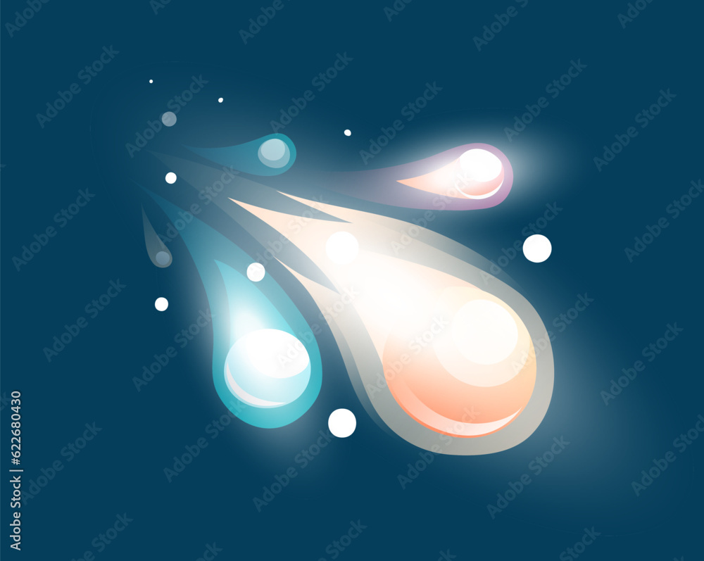 Poster space game element. cartoon luminous space object, comet flies down against the background of outer 