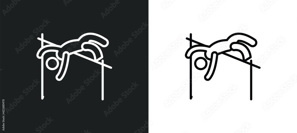 Poster man practicing high jump outline icon in white and black colors. man practicing high jump flat vecto