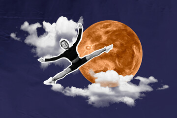 Collage picture of excited mini black white gamma girl jumping flying stretching legs full moon...