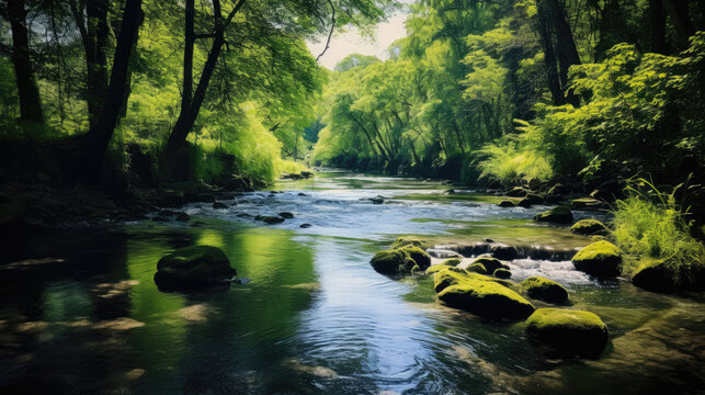 Amidst the soothing flow of the river, shady trees embrace nature's vibrant green, painting a serene landscape of tranquility