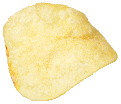 Single potato chip isolated on white background.