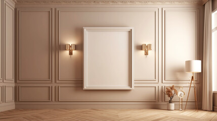 Home mockup, empty frame in interior background, room in brown colors. Generative AI