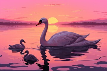 Swans, a baby duck, and pink sky by lake. (Generative AI)