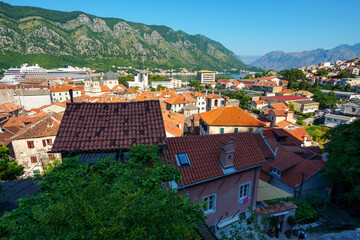 view of the old town of Kotor in Montenegro, tiled roofs and cozy courtyards, medieval architecture, travel