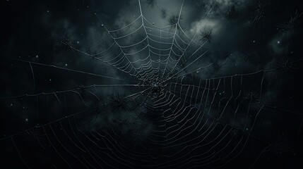 spider web with realistic details, forming spooky cobweb frames on a dark Halloween background
