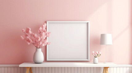 Home mockup, empty frame in interior background, room in light pastel colors. Generative AI