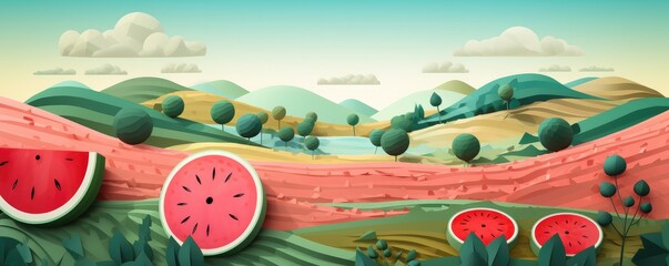 Paper cut out of a watermelon field,panorama. Generative ai.