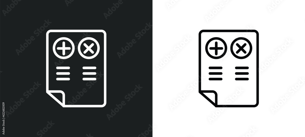 Poster pros and cons outline icon in white and black colors. pros and cons flat vector icon from social col