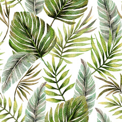 Tropical monstera palm watercolor seamless pattern on a white background. © trihubova
