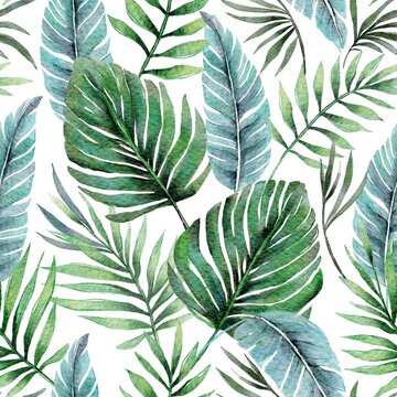 Tropical monstera palm green and blue watercolor seamless pattern on a white background.