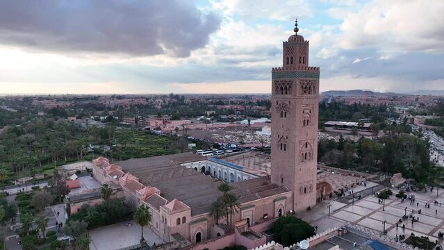 Aerial view day  night, El koutoubia mosque, Marrakech, Morocco