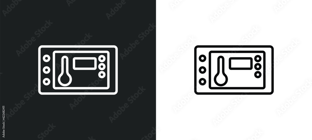 Poster thermostat outline icon in white and black colors. thermostat flat vector icon from smart house coll
