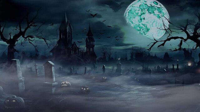 Dark and mysterious Halloween with silhouette of haunted castle against night sky. The moonlight illuminates the graveyard and fog adds to eerie atmosphere. Concept of spooky gothic scenery.
