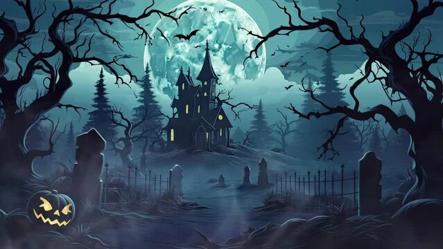 Spooky Halloween tree with bats flying in the night sky. Illustration of a creepy and mystical forest.