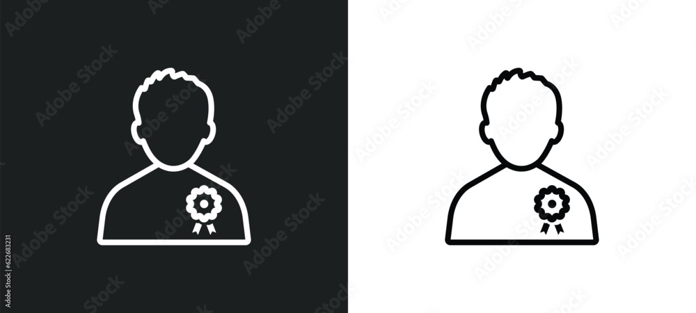 Poster man with badge outline icon in white and black colors. man with badge flat vector icon from signs co