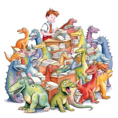 Fototapeta na wymiar Dinosaur Classroom Where Knowledge Jurassic Learning Adventure Watercolor Sublimation Comes Alive Amongst Books