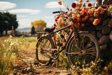 Fototapeta na wymiar Nature's Embrace: A Single Bicycle Takes Pause, Supported by a Time-Worn Fence, in the Midst of a Flourishing Wildflower Haven Generative AI 