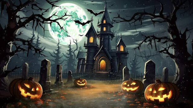 A black and eerie Halloween illustration featuring a spooky castle and a full moon in the sky. Set a mysterious and spooky tone for your Halloween designs. Concept of Halloween and mystery.