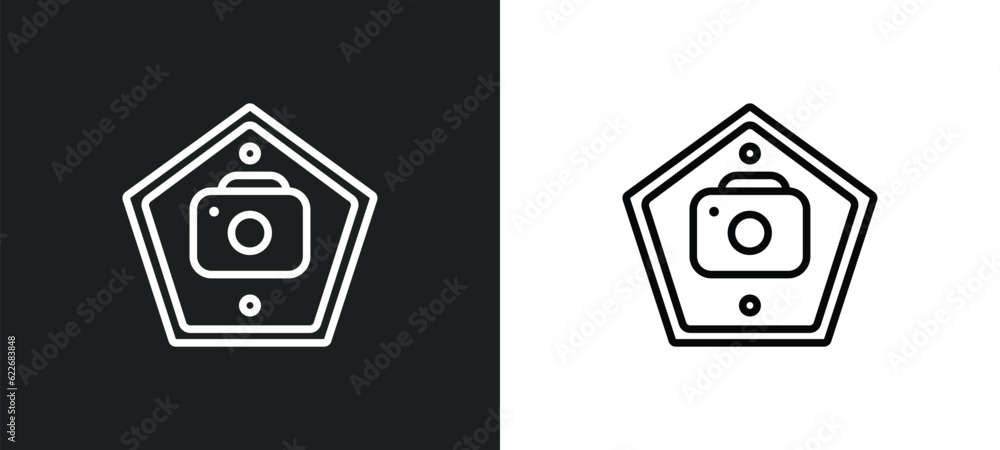 Poster camera outline icon in white and black colors. camera flat vector icon from signs collection for web