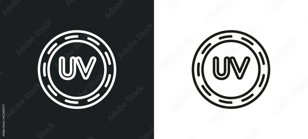 Poster uv ray warning outline icon in white and black colors. uv ray warning flat vector icon from signs co
