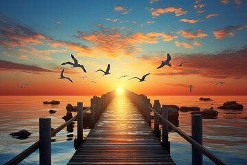 Fototapeta na wymiar landscape, seagulls over the pier against the sunset on the lake, nature, bird, canvas print, picture, AI generated
