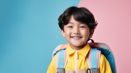 Portrait of smiling boy with school bag isolated on blue background. Back to school concept. AI Generated.