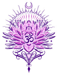 Lotus Lotusblume Yoga Vektor Design mit Sonne und Herz. Lotus Mountain.  - 622684626