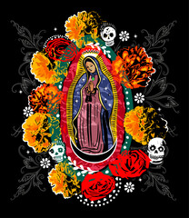 Schwarze Madonna Jungfrau von Guadalupe. Vektor Design für Halloween Day of the dead Allerheiligen. Mit Chrysanthemen Tagetes Blumen und Sugar Skull. - 622684666
