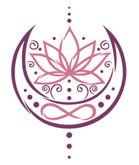 Lotus Lotusblüte Lotusblume mit Infinity Symbol und Mondsichel. Vektor Design für Yoga Zen und Esoterik. - obrazy, fototapety, plakaty