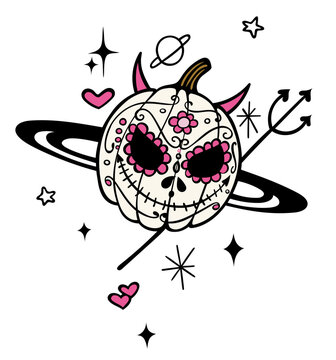 Galaxy Kürbis Teufel mit Dreizack Planeten und Sternen. Butes Vektor Design für Halloween und als Kostüm.