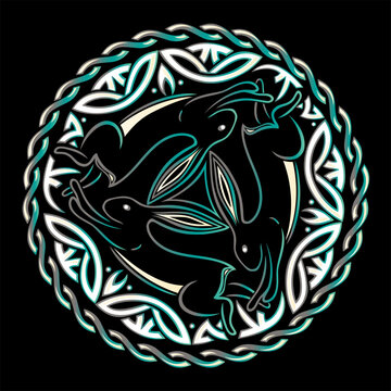 Drei Hasen Dreihasenbild zu Ostern und im Fr&uuml;hling. Hasen Mandala Vektor Design. 