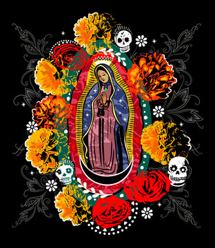 Schwarze Madonna Jungfrau von Guadalupe. Vektor Design für Halloween Day of the dead Allerheiligen. Mit Chrysanthemen Tagetes Blumen und Sugar Skull.