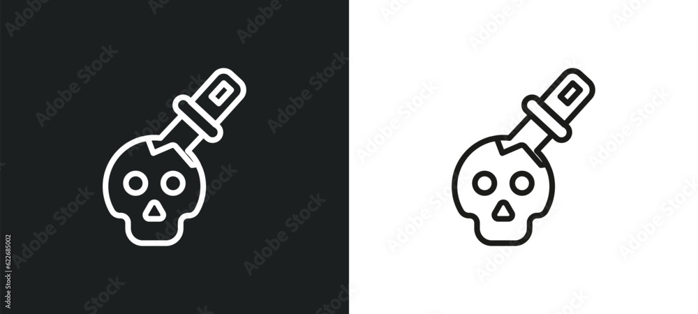 Poster skull and dagger outline icon in white and black colors. skull and dagger flat vector icon from shap