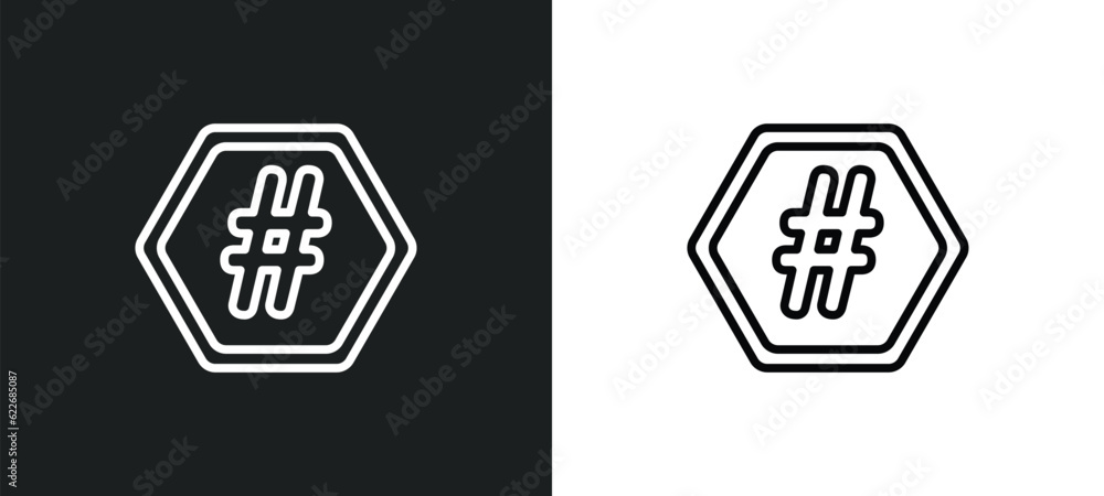 Poster hash key outline icon in white and black colors. hash key flat vector icon from shapes collection fo