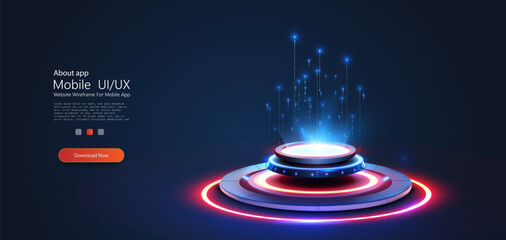 Hi-tech futuristic podium with neon light, glow, glare and reflection. Circle portals, teleport, hologram gadget. Sky-fi digital hi-tech elements for presentation product. Vector illustration