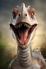 Obraz premium close up portrait of a dinosaur with big teeth in a forest