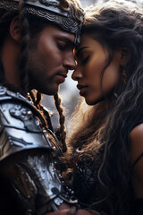 close up of a hero warrior is kissing his princess. Wallpaper, background for romance fantasy stories or books. 
