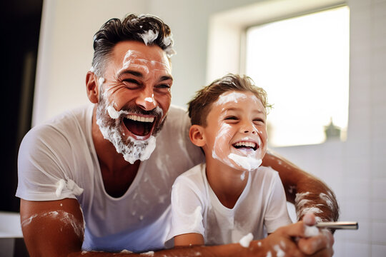father and son having fun with shaving