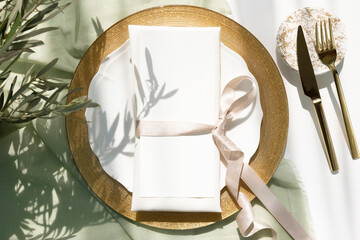 4x9 card mockup with pink ribbon on golden plate